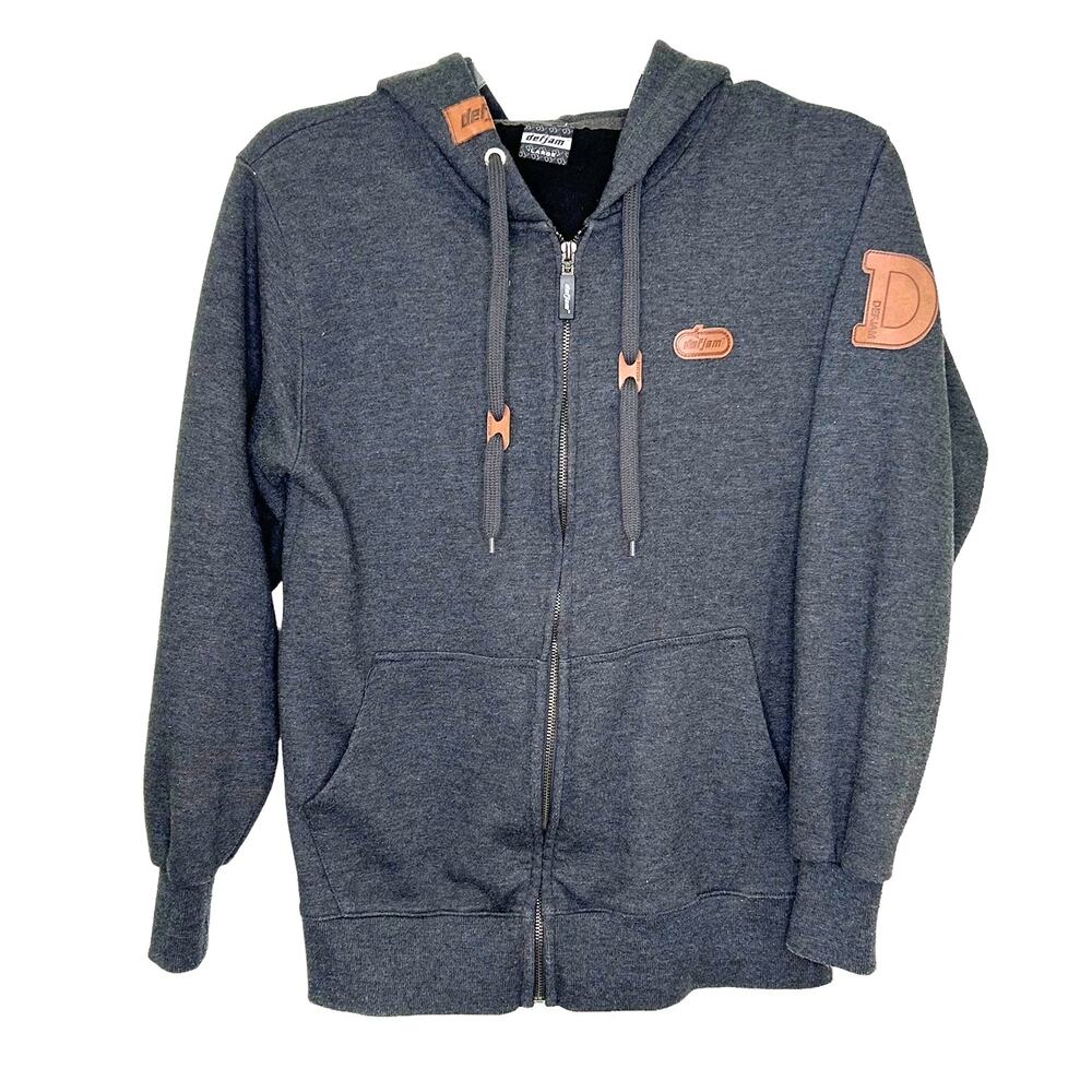 DEF JAM Gray Zip Front Hoodie Faux Leather Trim Large